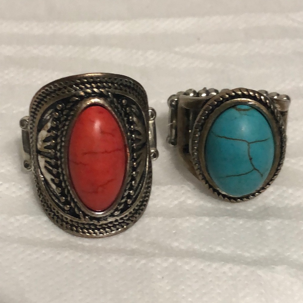 Turquoise and Coral Oval Stone Boho Rings bundle